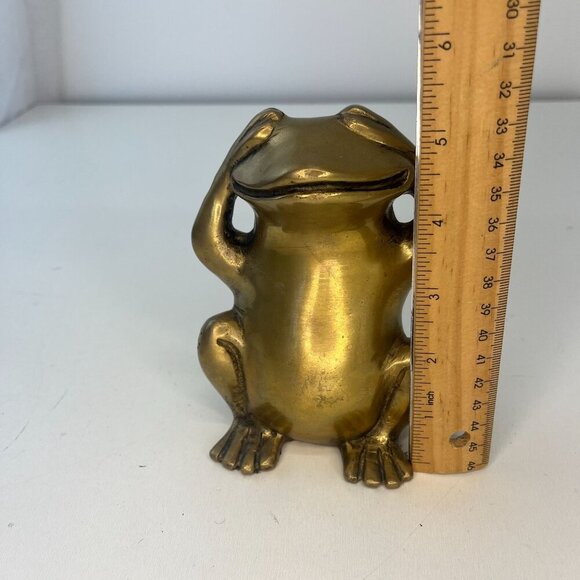 Brass Morality Frog Statue See  No Evil Vintage MCM Whimsical Home Decor - Picture 8 of 9